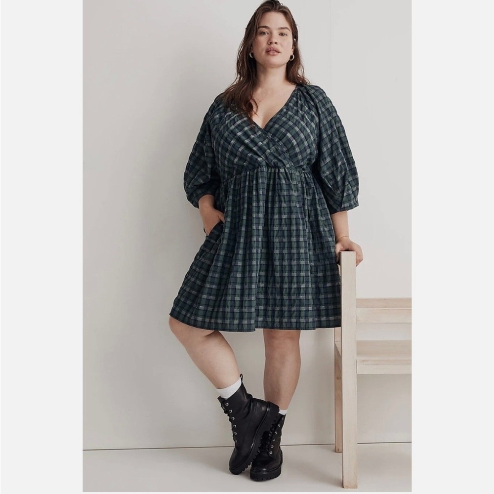 Madewell Dark Green Plaid Marianna Raglan Puff Sleeve Mini Dress